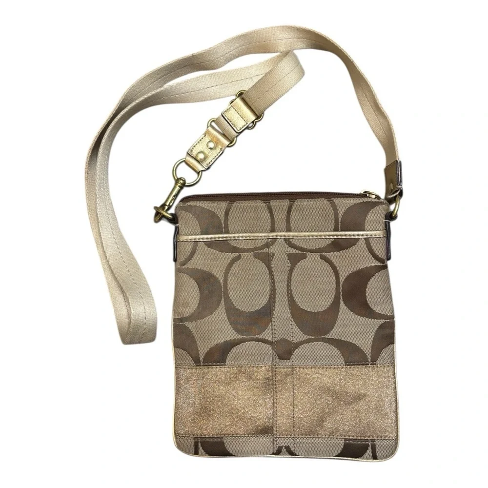 COACH Signature Canvas beige gold Crossbody Purse Satchel Bag Size Small